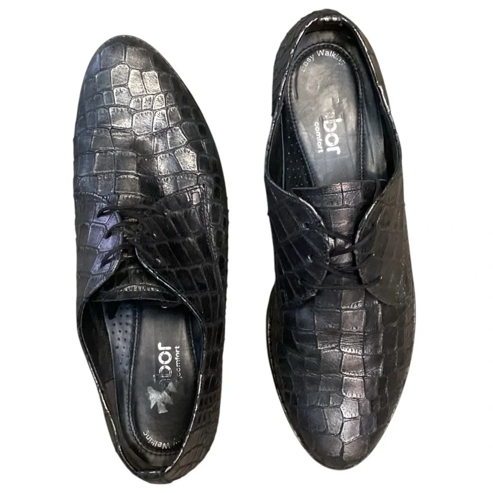 GABOR Men’s Pewter Metallic Leather‎ Lace Up Crocodile Oxford, Size 6